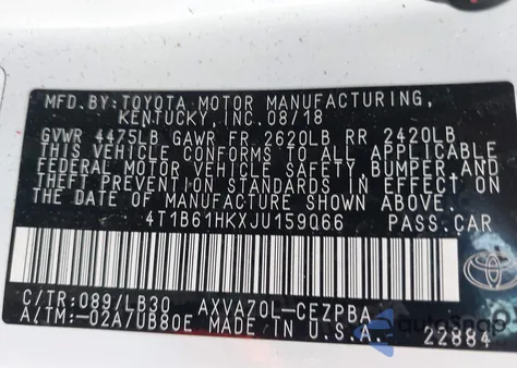 2018 Toyota Camry Xse из США, поврежденный, VIN 4T1B61HKXJU159066